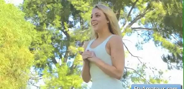  Sexy busty blonde teen girl Zoey flash her boobs in public and masturbate near a wall